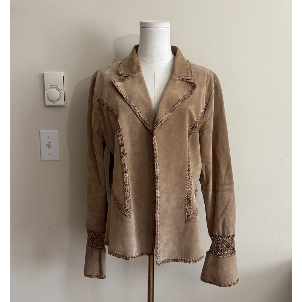 Cache Womens Large Suede Leather Jacket Tan Brown Boho Y2K Fall Autumn Crochet